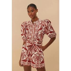 Farm Rio Off-White Tropical Cameo Cotton One Piece Romper Tie Waist Size L Red